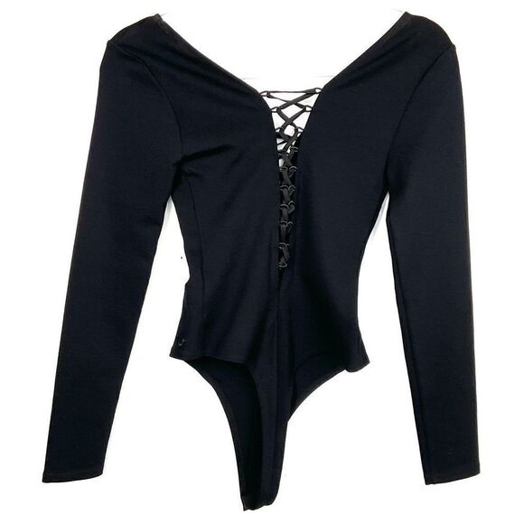True Religion Black Double Lace Up Deep V Long Sleeve Bodysuit XS New - Picture 4 of 5